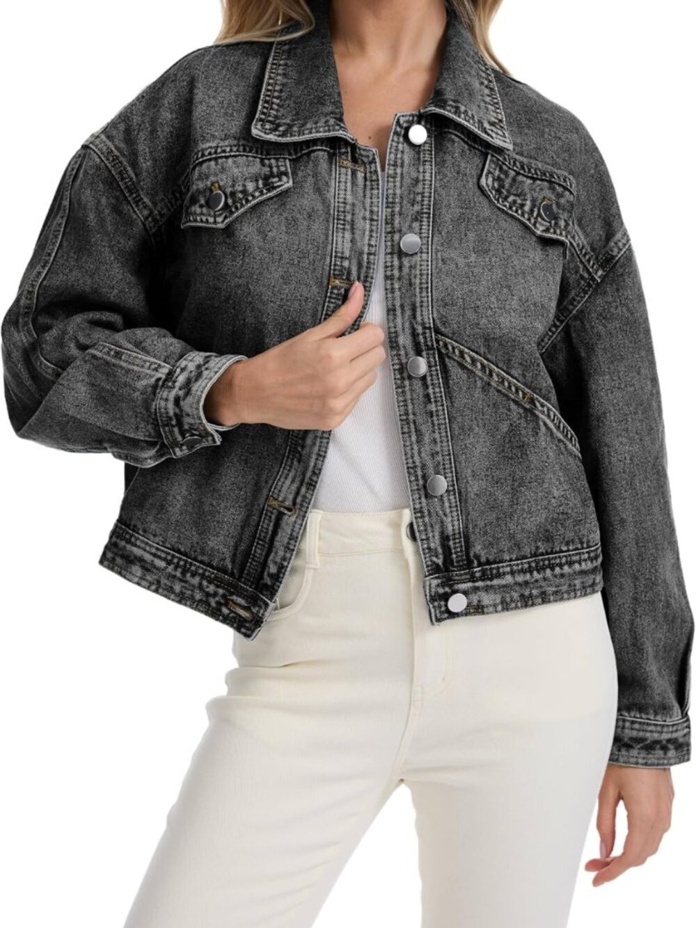 Trendy Women's Cropped Jean Jacket | Button-Up Trucker Bomber Style Outerwear